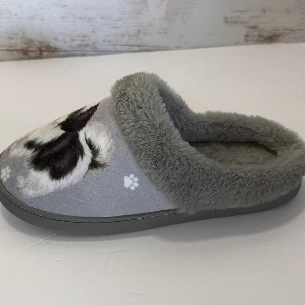 Snuggs Shitzu Dog Print Fluffy Gray Slippers New No Tags - Picture 5 of 8